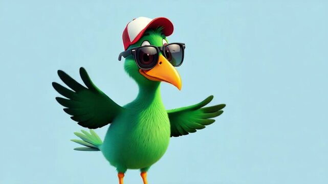 Green cartoon parrot smiling with open wings on a white background