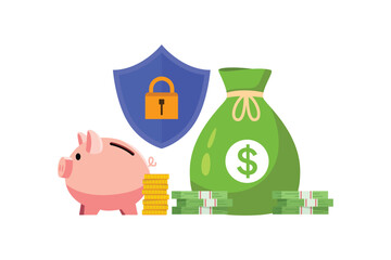 Secure savings with piggy bank and shield icon. Financial security concept. Vector flat design isolated
