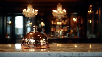 Service bell shines on marble counter, blurred bar background