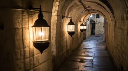 Fototapeta premium Dark, arched stone passageway lit by wall-mounted lanterns