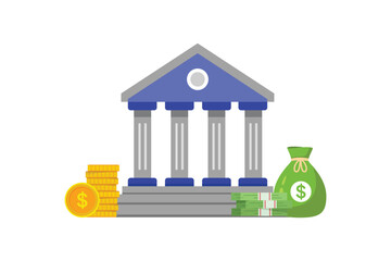 Bank building with money bag and coins. Banking institution concept. Vector flat design isolated