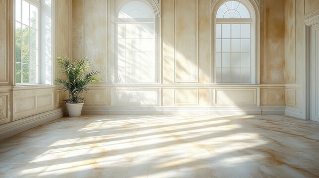 Elegant Light Filled Interior Space With Natural Light And Potted Plant