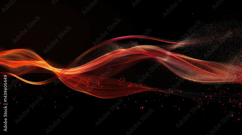 Poster flowing digital waves with glowing particles on a dark background. abstract line art or digital wave