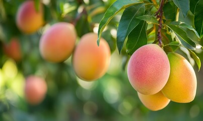 Ripe Mangoes Hanging from a Tree Branch in Vibrant Green Garden