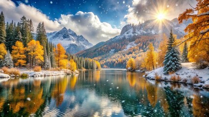 Naklejka premium Serene Winter Wonderland Golden Autumn Leaves Adorn Snow-Covered Trees Beside a Tranquil Mountain Lake Under a Bright Sunny Sky with Gentle Snowfall