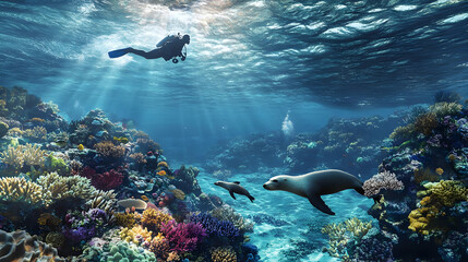 Fototapeta premium Spectacular Underwater Realm: Scuba Diver and Sea Lions Encounter in Vibrant Coral Reef