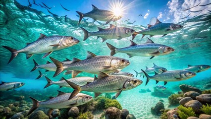 A vibrant underwater scene showcasing a school of fish swimming in crystal-clear turquoise water over a rocky seabed with patches of vibrant seaweed