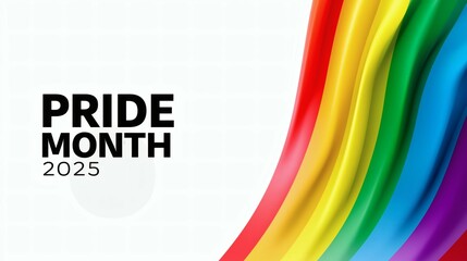 Curved Rainbow Flag on White Background, Pride Month 2025 Text