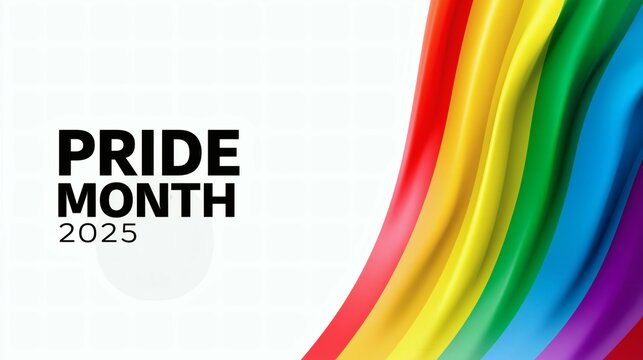 Curved Rainbow Flag on White Background, Pride Month 2025 Text