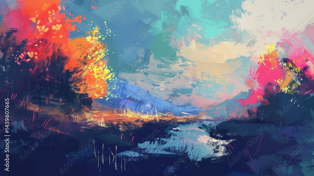 Poster the abstract drawing of the abstract colourful nature that painted with paint brush colour, the abst