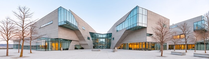 Fototapeta premium Minimalist architecture, modern structure, sharp lines, concrete and glass, dramatic lighting, symmetrical balance, urban aesthetics, fine details, high-resolution, professional photography