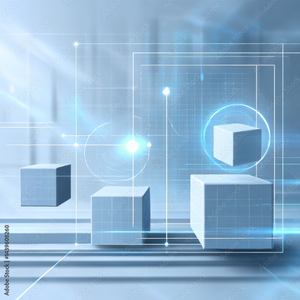 Fototapete abstract futuristic scene with floating cubes and digital overlay, creating a sense of innovation an