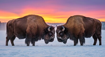 Two mighty bison locking eyes, mist rising in a snowy sunset landscape