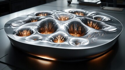 Silver surface ripples with glowing spots in each depression