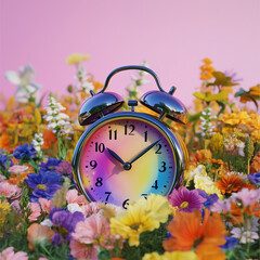 Rainbow Alarm Clock Melting in a Field of Colorful Flowers