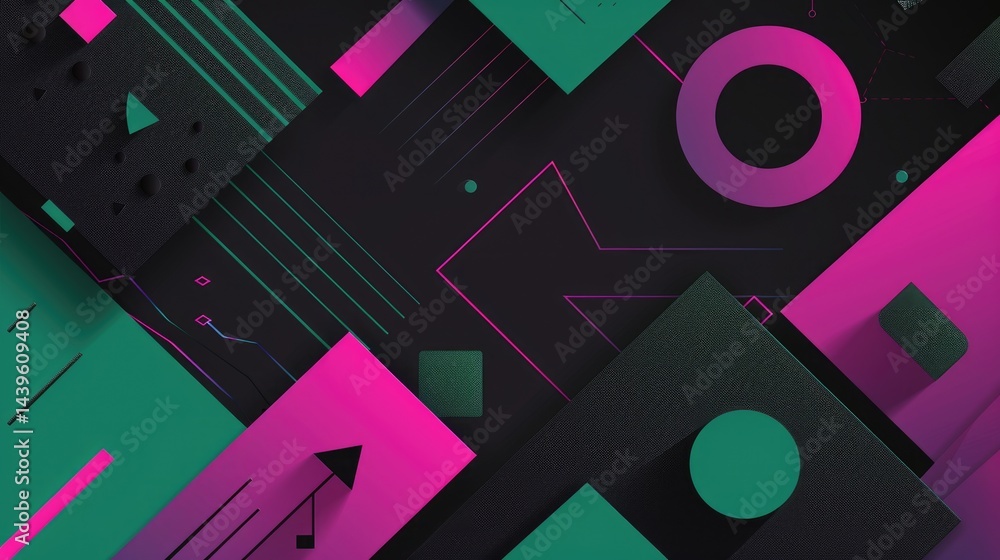 Poster pink black green with geometric shapes on surface of digital cyber design express scene of cyberspac