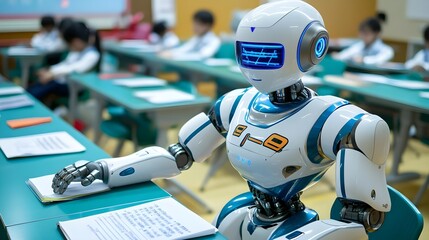 Fototapeta premium Robot Teacher in Modern Classroom - AI in Education