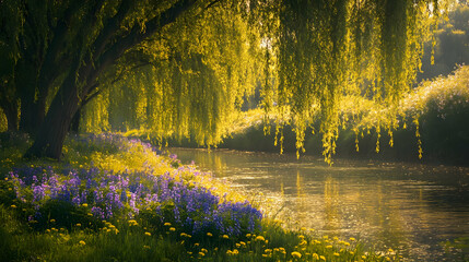 Serene River Landscape: Willow Tree and Spring Blooms