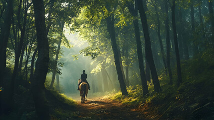 Obraz premium Horseback Riding in a Misty Forest: A Serene Landscape Photography