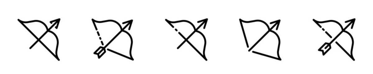 Stretched bow icon collection. Vector bow and arrow icons. Long bow and arrow symbols. EPS 10