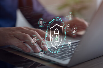 Secure Data Protection and Network Security, VPN Connection, Laptop Computer Man Encrypting Data