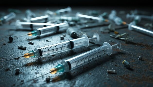 Rusty metal surface displaying discarded, contaminated syringes, revealing devastating consequences of substance abuse and intravenous drug dependency