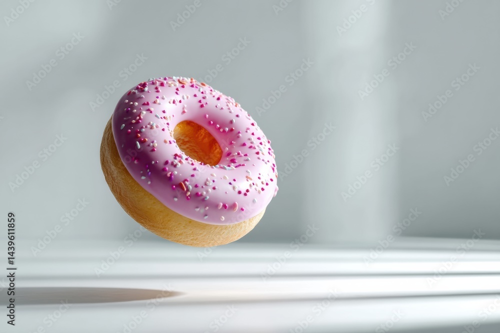Poster levitating donut with pink icing and sprinkles above white surface casting soft shadows in a minimal