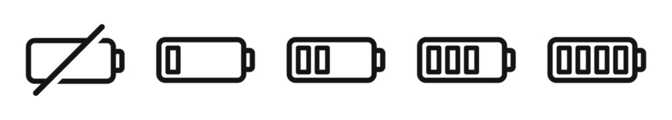 Battery vector icons. Battery silhouettes. Accumulator icons. Battery charging. Charger vector icon. Charging icons. EPS 10