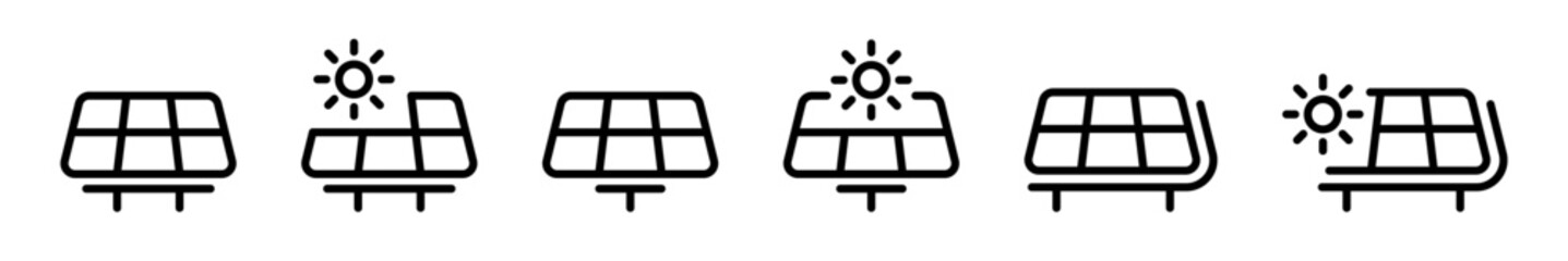 Solar panel vector icons. Solar panels silhouette. Energy generation concept. Sollar battery. Renewable and alternative energy symbols.