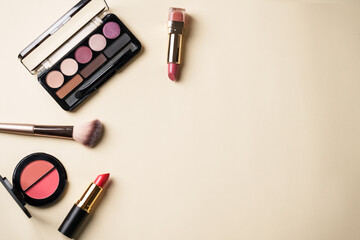 Beauty products, cosmetics at pastel background. Flat lay with space for design.