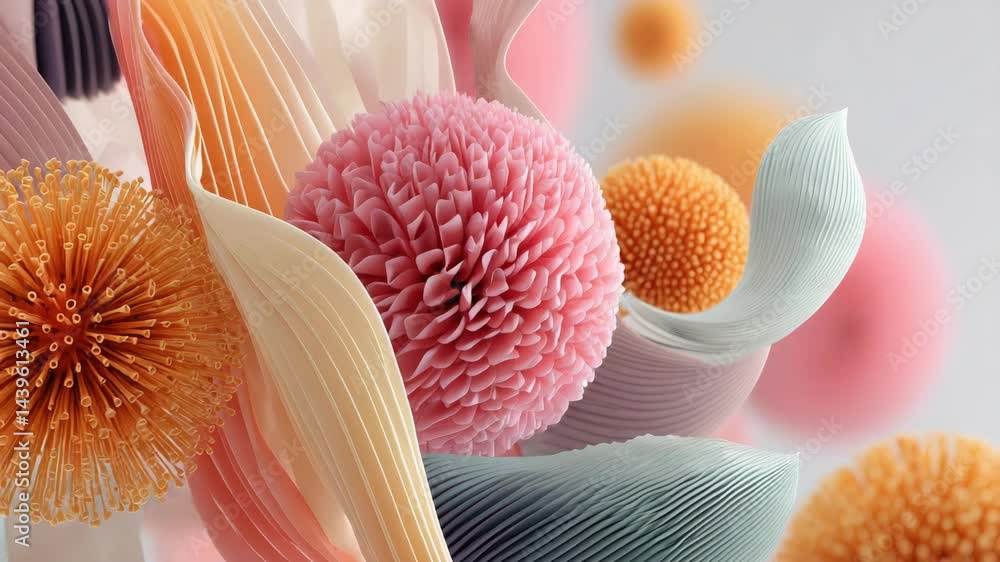 Poster minimal pastel dynamic virus shapes swirling on white background and organic shapes with intricate t