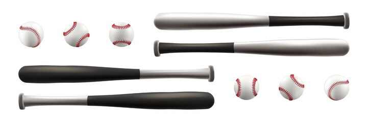 Baseball ball, bat, glove. 3d white softball, vintage player mitt, wood line stick. Logo base equipment illustration. Catch flyer american field sport. Red texture sweepstakes. Vector isolated clipart