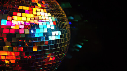 Disco ball with colorful light reflections, bright black background
