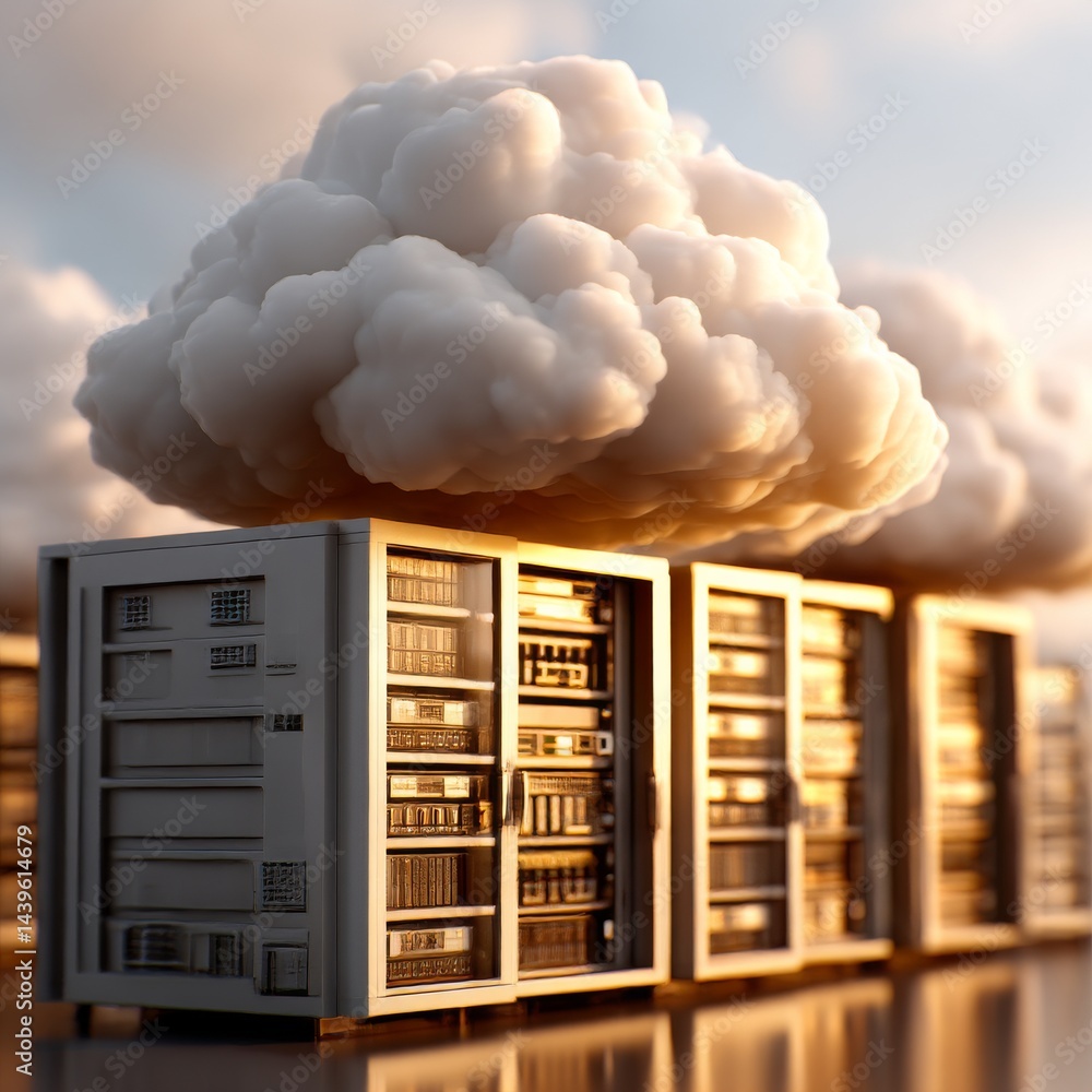 Poster cloud computing servers at sunset: a digital infrastructure solution