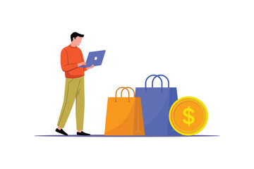Online shopping with laptop and shopping bags. E-commerce and digital finance concept. Vector flat design isolated