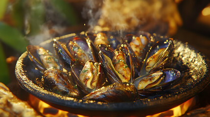 Close-up of Delicious Grilled Mussels a mouth-watering seafood dish perfect for dinner.