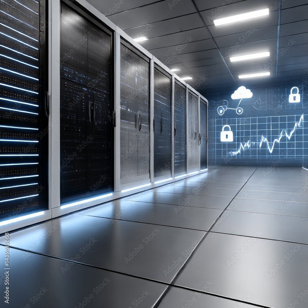 Fototapete Data Center Security: A Modern Server Room with Cloud and Data Protection Visualization on a Screen