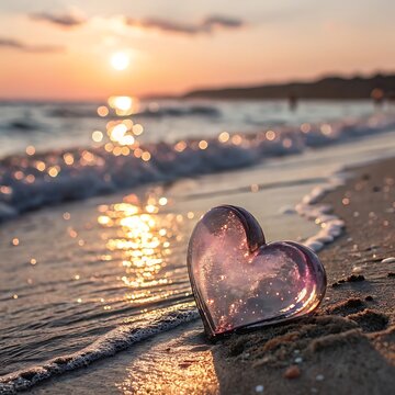 Glass heart lying on sandy beach at sunset with golden sunlight reflecting on ocean waves