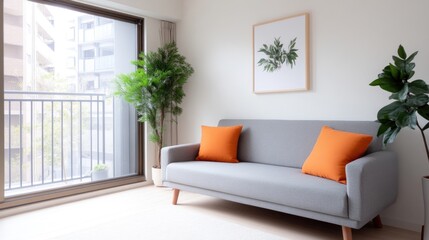 Modern minimalist living room with a view.  Bright, airy space featuring a gray sofa with orange throw pillows, plants, and large windows overlooking a balcony.  Simple decor