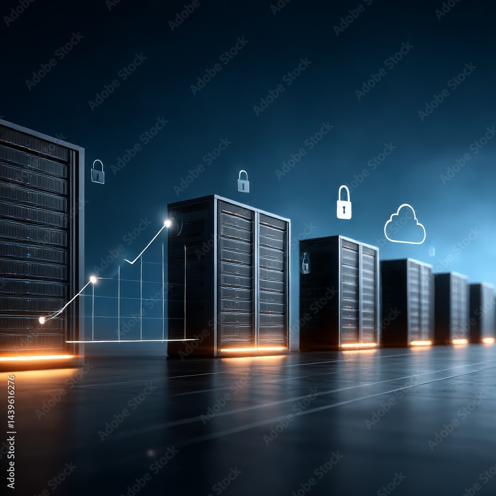 Poster data security and growth: a row of servers with security icons and an upward trend line depicting da