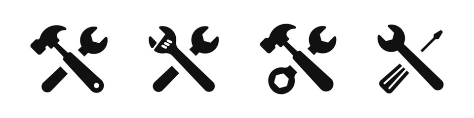 Tool icon set. Hammer screwdriver spanner symbols. Instrument signs collection. Working Tools Icon. Service icons set.