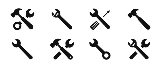 Working Tools Icons. Tool icon set. Instrument signs collection. Service icons set. Hammer screwdriver spanner symbols.  EPS 10
