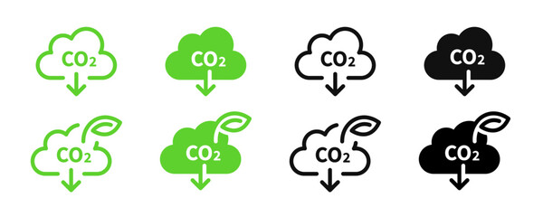 CO2 emission. CO2 vector icon set. Reduce co2 gas icon set. Reduction cloud sign. CO2 reduction signs. EPS 10