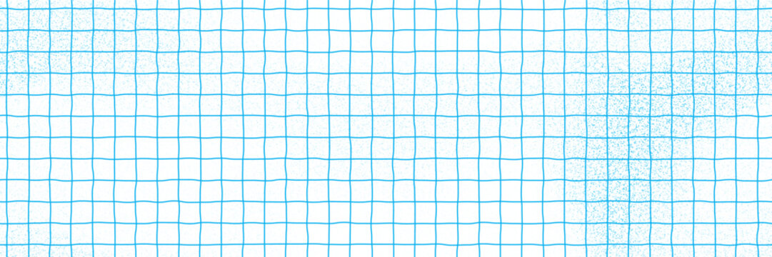 Notebook paper seamless bg with irregular blue squares and grainy texture. Retro patern with rough hand drawn grid. Vector school illustration