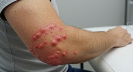 Close-up of psoriasis skin condition on human arm showcasing inflamed red bumps and patches on elbow in a clinical environment
