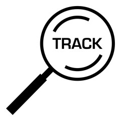 Line icon of a magnifying glass with the word "TRACK", representing package tracking, shipment search, or delivery status check. Suitable for logistics, shipping, and e-commerce platforms.