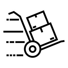 Line icon of a hand truck carrying boxes with motion lines, symbolizing fast delivery or courier logistics. Ideal for shipping, transport, warehouse, and e-commerce themes.