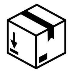 Black and white icon of a cardboard shipping box sealed with tape, featuring symbols indicating direction and handling, ideal for logistics, delivery, and packaging design.