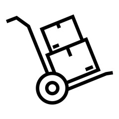 Black and white icon of a hand truck carrying two boxes, representing shipping, delivery, logistics, and cargo transportation in a minimal line art style.