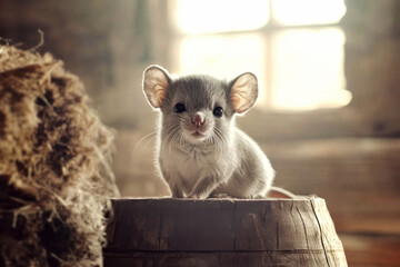 Close-up portrait of a small cute gray mouse sits on a old wooden barrel and looking at camera in a barn with hay stacks and grain, backlight morning illuminates the little rodent, rural scene.